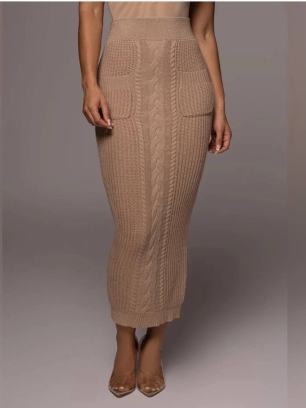 JLUXLABEL Tan Missie LARGE Cable Knit Pencil Skirt with Front Patch Pockets